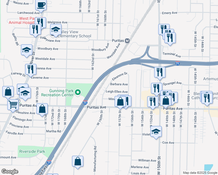 map of restaurants, bars, coffee shops, grocery stores, and more near 15815 Eleanore Drive in Cleveland