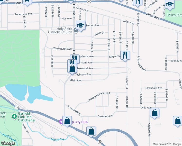 map of restaurants, bars, coffee shops, grocery stores, and more near 13513 Saybrook Avenue in Garfield Heights