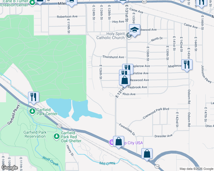 map of restaurants, bars, coffee shops, grocery stores, and more near 12703 Melgrove Avenue in Garfield Heights