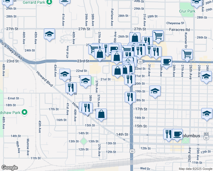 map of restaurants, bars, coffee shops, grocery stores, and more near 3600 20th Street in Columbus