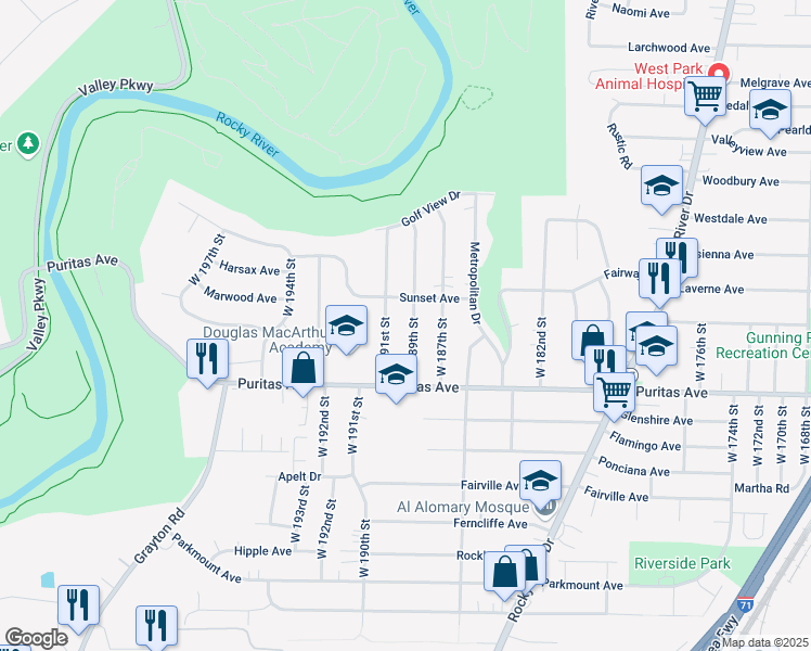 map of restaurants, bars, coffee shops, grocery stores, and more near 4374 W 189th St in Cleveland