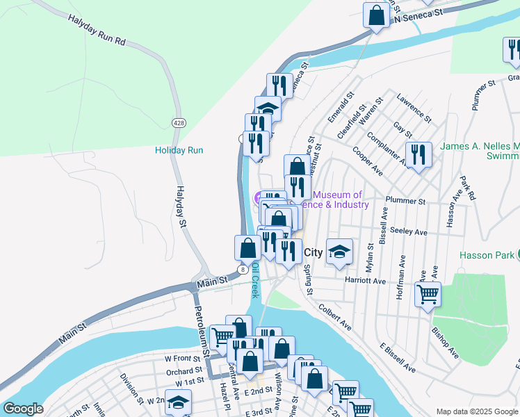 map of restaurants, bars, coffee shops, grocery stores, and more near 270 Seneca Street in Oil City