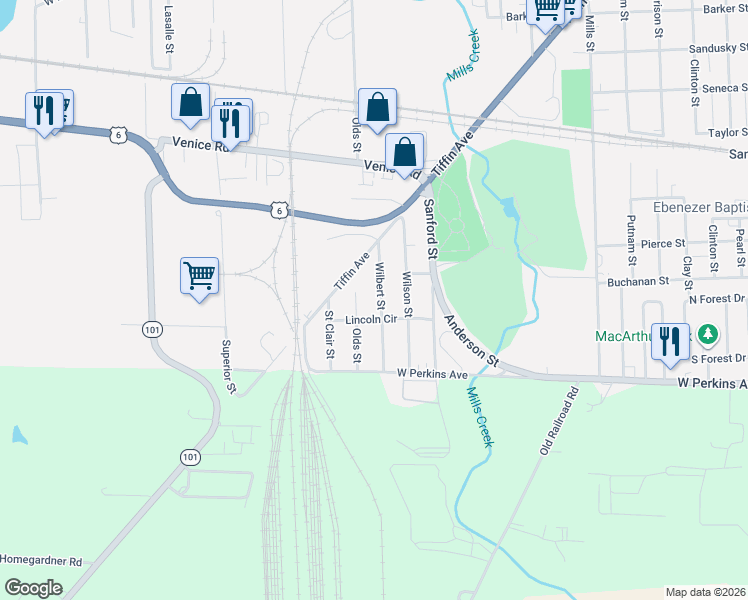 map of restaurants, bars, coffee shops, grocery stores, and more near 2125 Wilbert Street in Sandusky