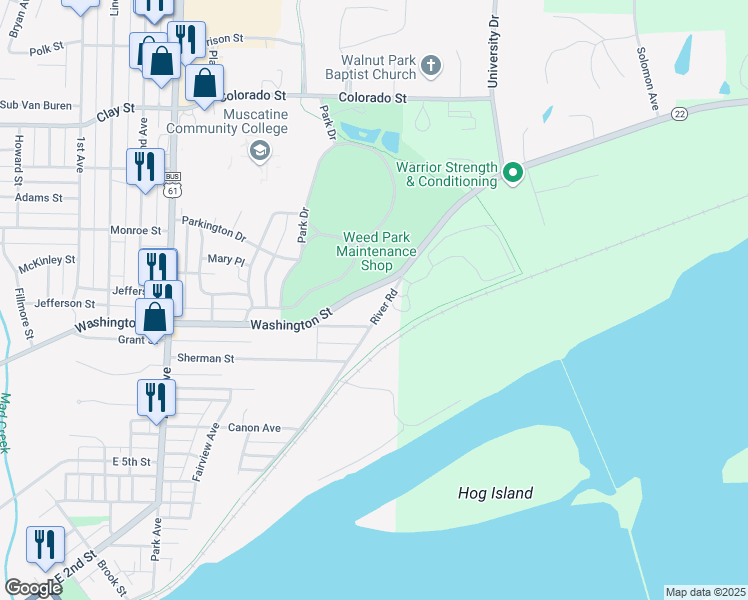 map of restaurants, bars, coffee shops, grocery stores, and more near 3027 River Road in Muscatine