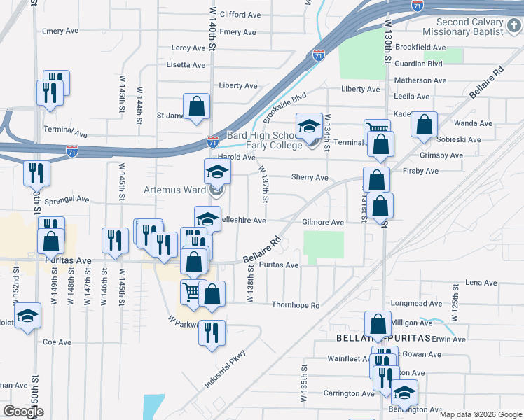 map of restaurants, bars, coffee shops, grocery stores, and more near 4346 West 137th Street in Cleveland