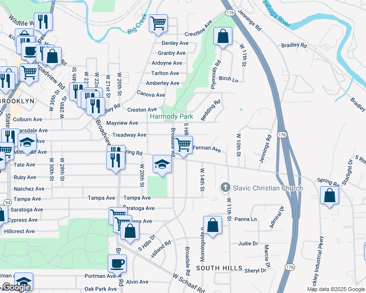 map of restaurants, bars, coffee shops, grocery stores, and more near 4416 South Hills Drive in Cleveland