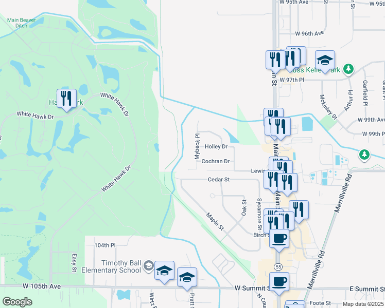 map of restaurants, bars, coffee shops, grocery stores, and more near 1441 Mybeck Place in Crown Point