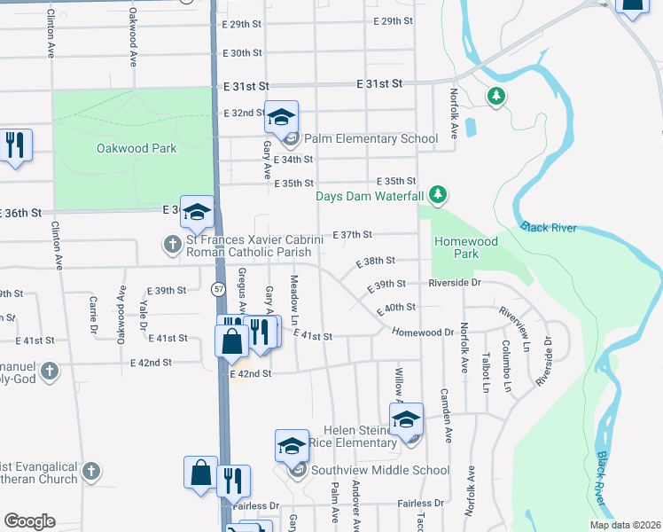 map of restaurants, bars, coffee shops, grocery stores, and more near 2419 Homewood Drive in Lorain