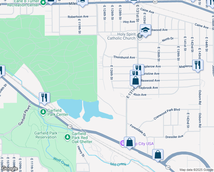 map of restaurants, bars, coffee shops, grocery stores, and more near 4551 Martin Luther King Junior Boulevard in Garfield Heights