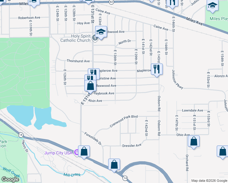 map of restaurants, bars, coffee shops, grocery stores, and more near 13513 Saybrook Avenue in Garfield Heights