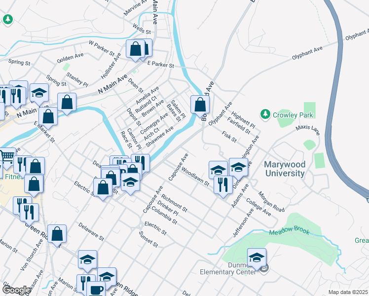 map of restaurants, bars, coffee shops, grocery stores, and more near 801 Park St in Scranton