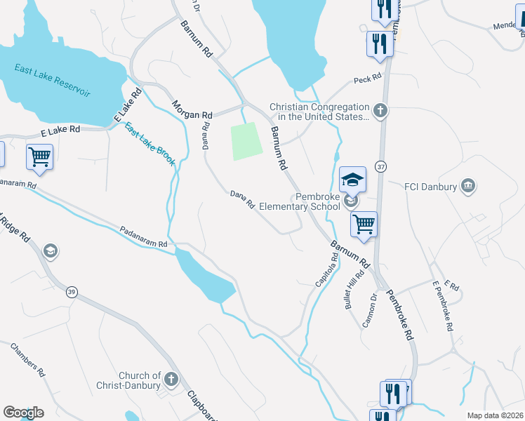 map of restaurants, bars, coffee shops, grocery stores, and more near 25 Dana Road in Danbury