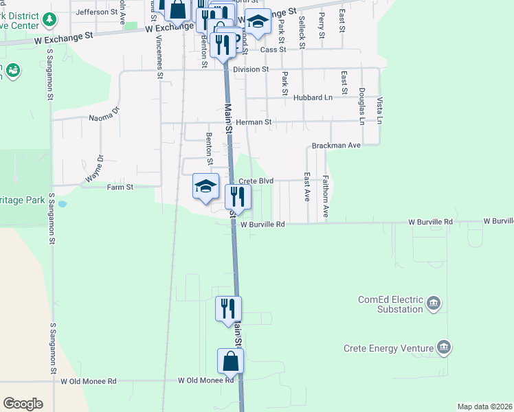 map of restaurants, bars, coffee shops, grocery stores, and more near 1606 Hewes Street in Crete
