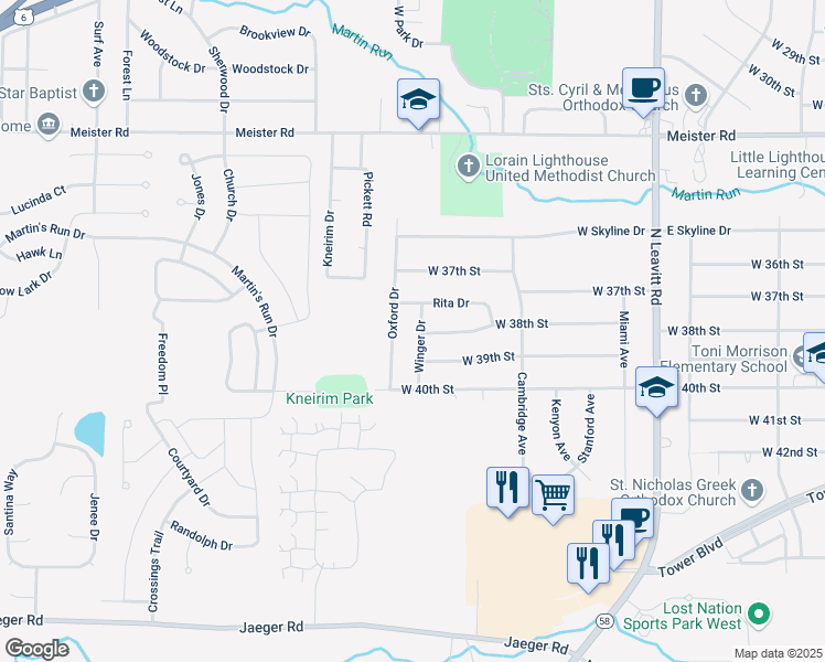 map of restaurants, bars, coffee shops, grocery stores, and more near 3728 Winger Drive in Lorain