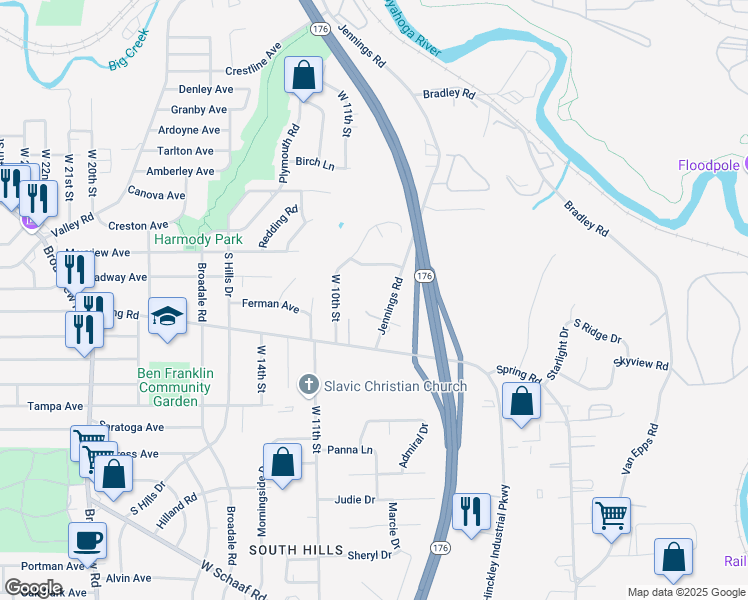 map of restaurants, bars, coffee shops, grocery stores, and more near 4330 Jennings Road in Cleveland