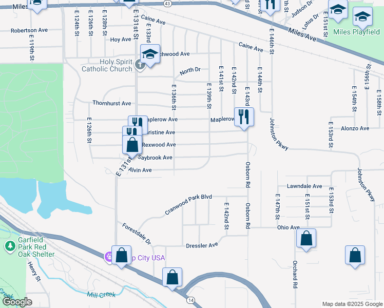 map of restaurants, bars, coffee shops, grocery stores, and more near 13711 Saybrook Avenue in Garfield Heights