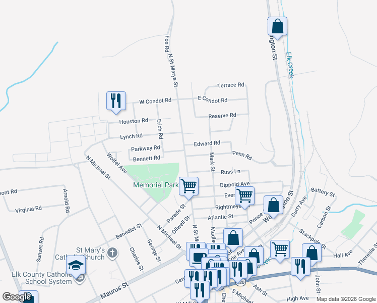 map of restaurants, bars, coffee shops, grocery stores, and more near 418 North Saint Marys Street in Saint Marys