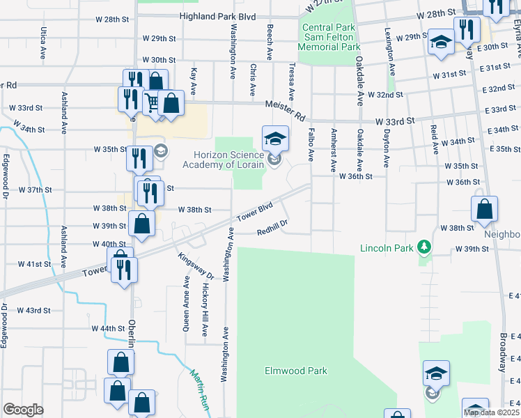 map of restaurants, bars, coffee shops, grocery stores, and more near 823 Tower Boulevard in Lorain