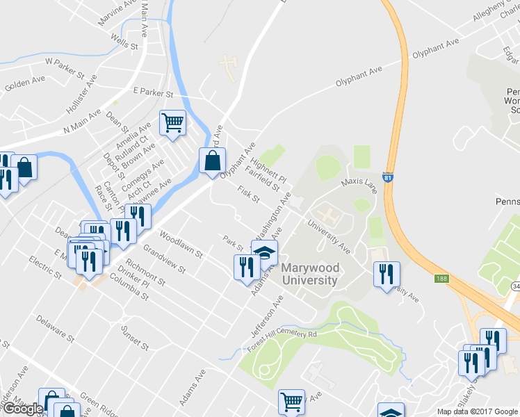 map of restaurants, bars, coffee shops, grocery stores, and more near 1112 Fisk St in Scranton