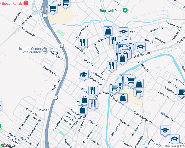 map of restaurants, bars, coffee shops, grocery stores, and more near 229 Ferdinand Street in Scranton