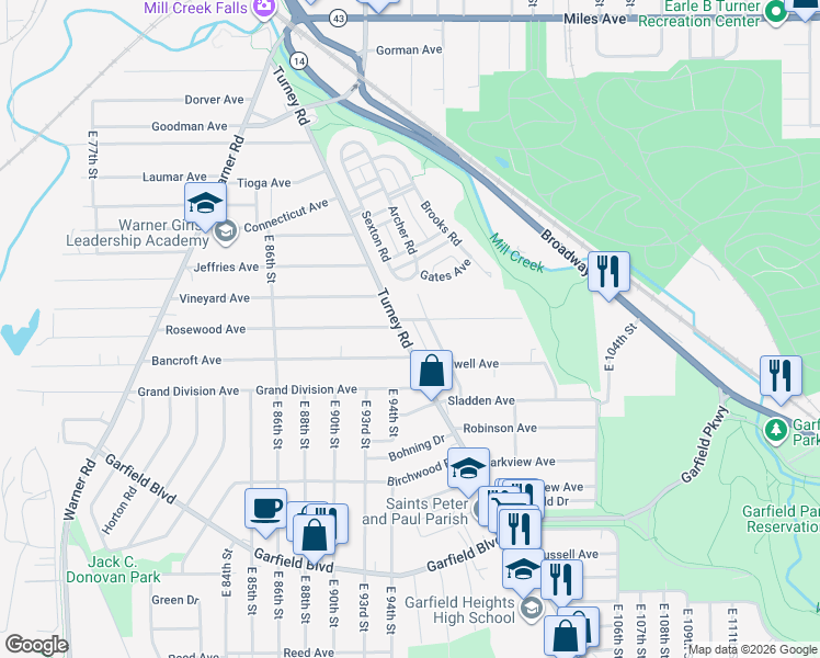 map of restaurants, bars, coffee shops, grocery stores, and more near 4537 Turney Road in Cleveland