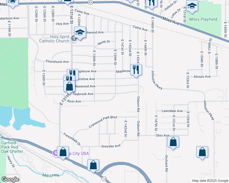 map of restaurants, bars, coffee shops, grocery stores, and more near 13819 Saybrook Avenue in Garfield Heights