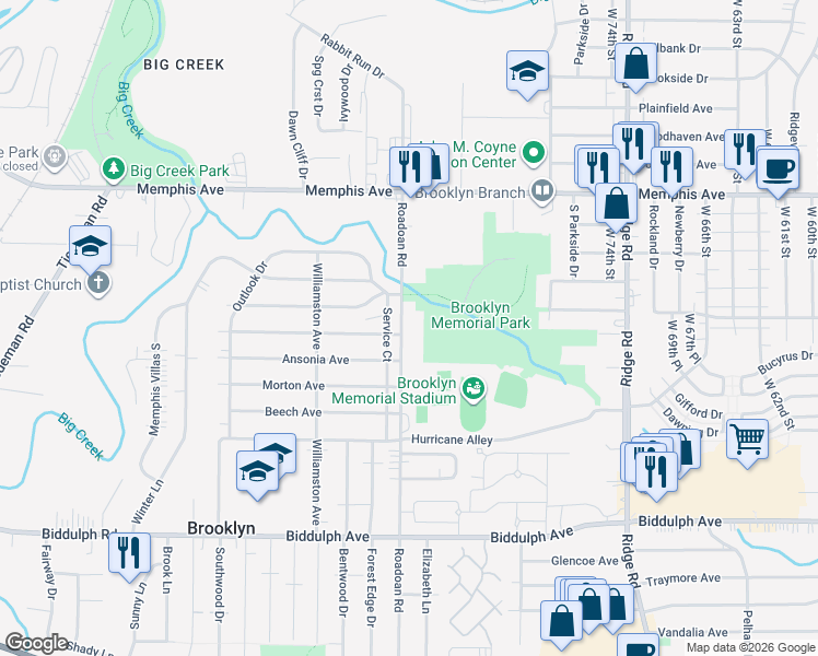 map of restaurants, bars, coffee shops, grocery stores, and more near 4421 Roadoan Road in Brooklyn