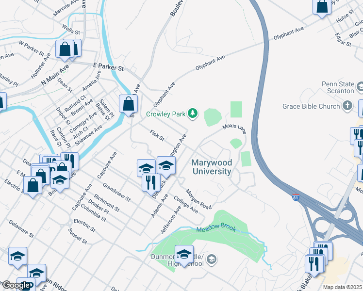 map of restaurants, bars, coffee shops, grocery stores, and more near 2454 Wash & College in Scranton