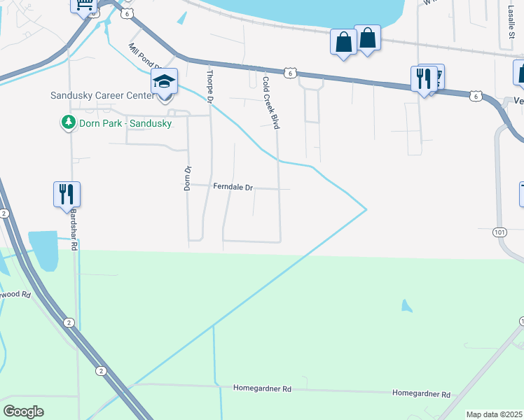 map of restaurants, bars, coffee shops, grocery stores, and more near 814 Old Mill Pl in Sandusky
