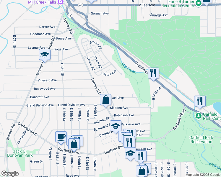 map of restaurants, bars, coffee shops, grocery stores, and more near 9624 Rosewood Ave in Cleveland