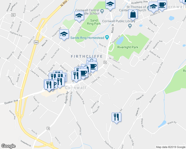 map of restaurants, bars, coffee shops, grocery stores, and more near 255 Main Street in Cornwall