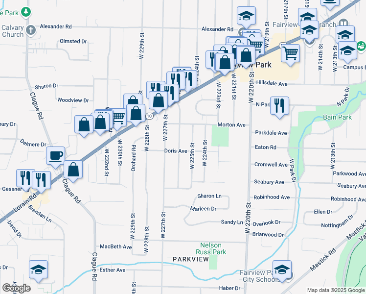 map of restaurants, bars, coffee shops, grocery stores, and more near 4535 W 226th St in Fairview Park
