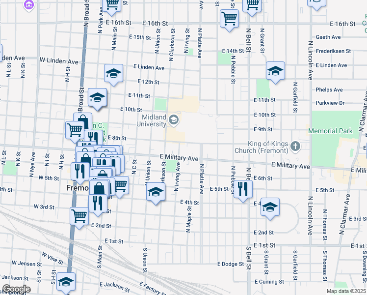 map of restaurants, bars, coffee shops, grocery stores, and more near 740 North Irving Street in Fremont