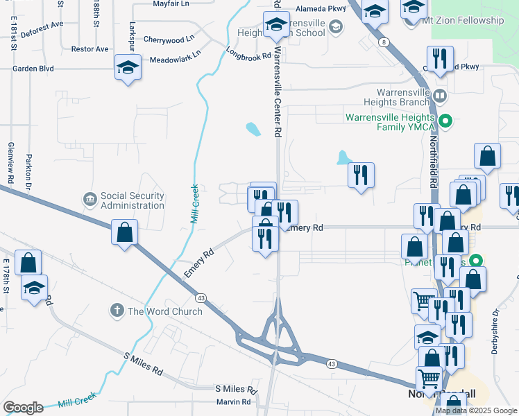 map of restaurants, bars, coffee shops, grocery stores, and more near 4552 Warrensville Center Road in Cleveland