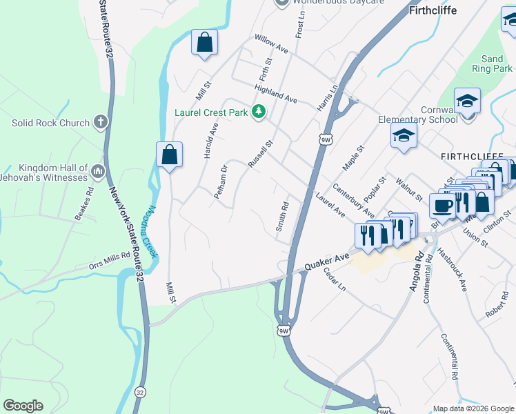 map of restaurants, bars, coffee shops, grocery stores, and more near 4 Marshall Drive in Cornwall