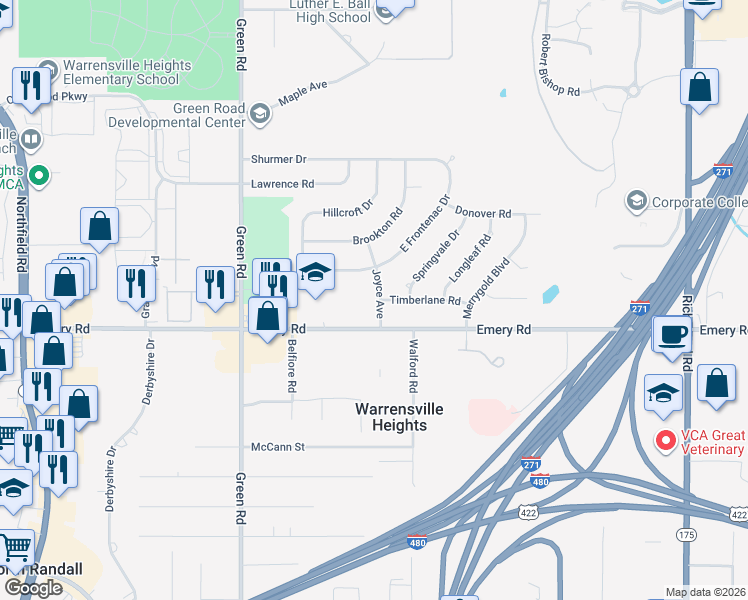 map of restaurants, bars, coffee shops, grocery stores, and more near 4568 Joyce Avenue in Warrensville Heights