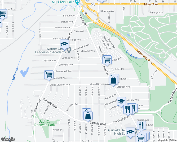 map of restaurants, bars, coffee shops, grocery stores, and more near Rosewood Avenue in Cleveland