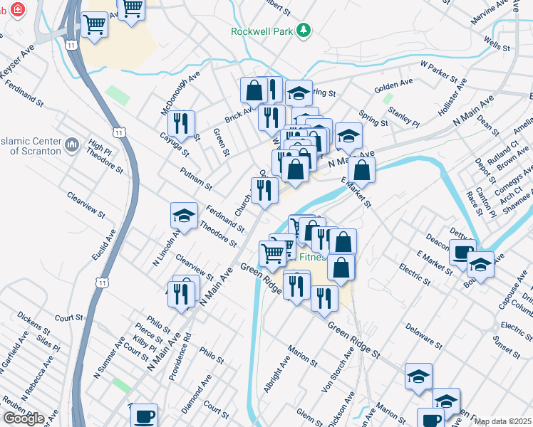 map of restaurants, bars, coffee shops, grocery stores, and more near 1709 North Main Avenue in Scranton