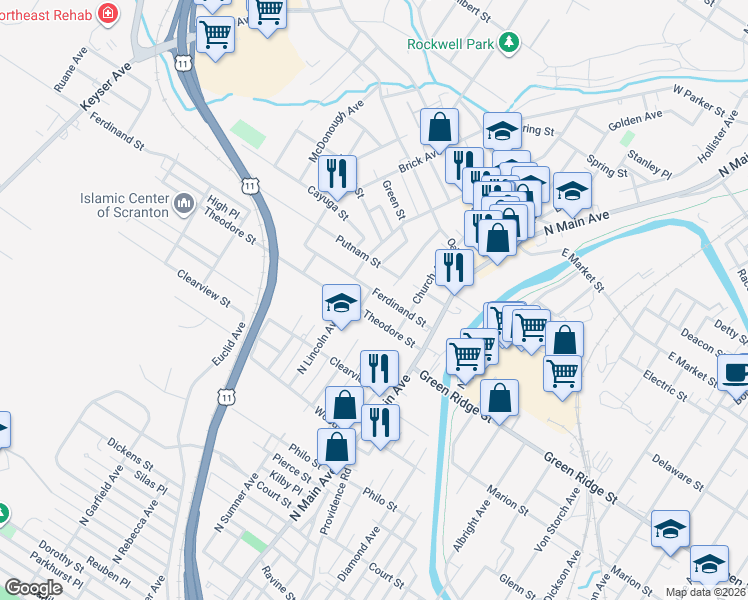 map of restaurants, bars, coffee shops, grocery stores, and more near 229 Ferdinand Street in Scranton
