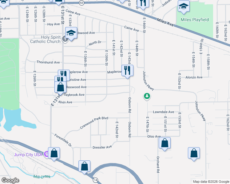 map of restaurants, bars, coffee shops, grocery stores, and more near 14101 Saybrook Avenue in Cleveland