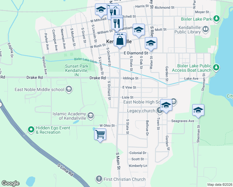 map of restaurants, bars, coffee shops, grocery stores, and more near 707 South Orchard Street in Kendallville