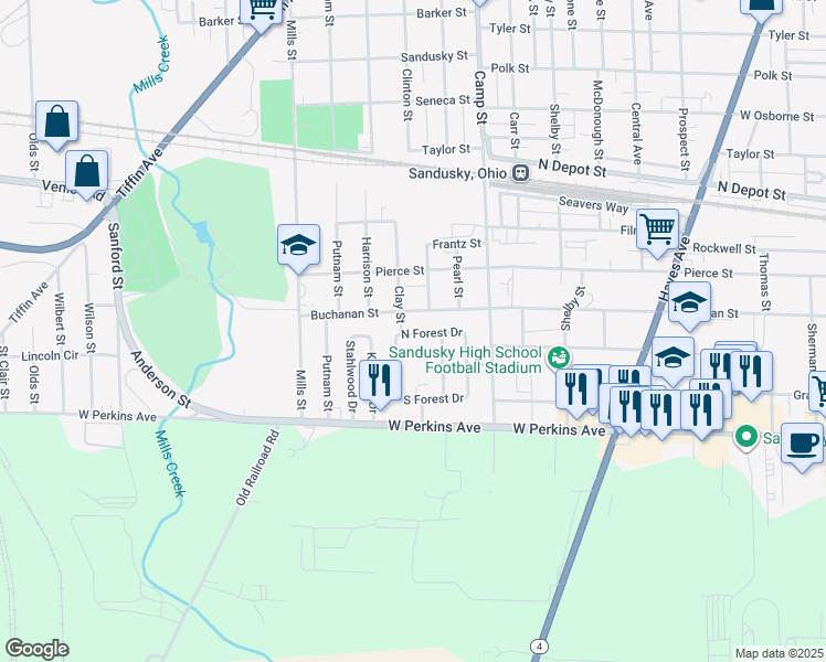 map of restaurants, bars, coffee shops, grocery stores, and more near 1611 North Forest Drive in Sandusky
