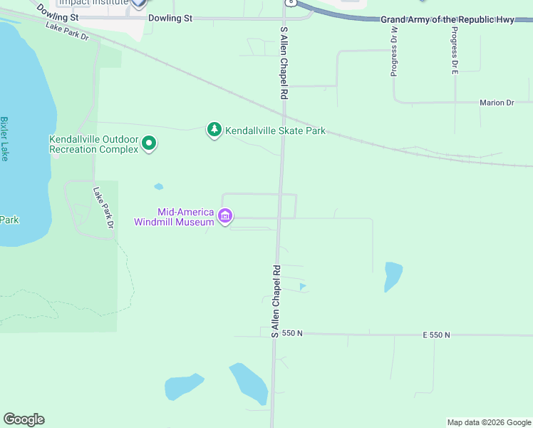 map of restaurants, bars, coffee shops, grocery stores, and more near 1913 Wallace Road in Kendallville