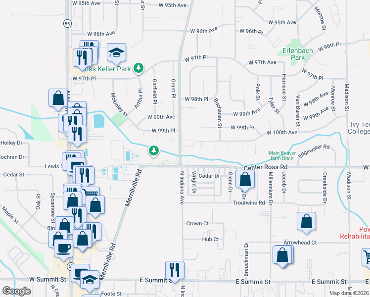 map of restaurants, bars, coffee shops, grocery stores, and more near 10009 Merrillville Road in Crown Point
