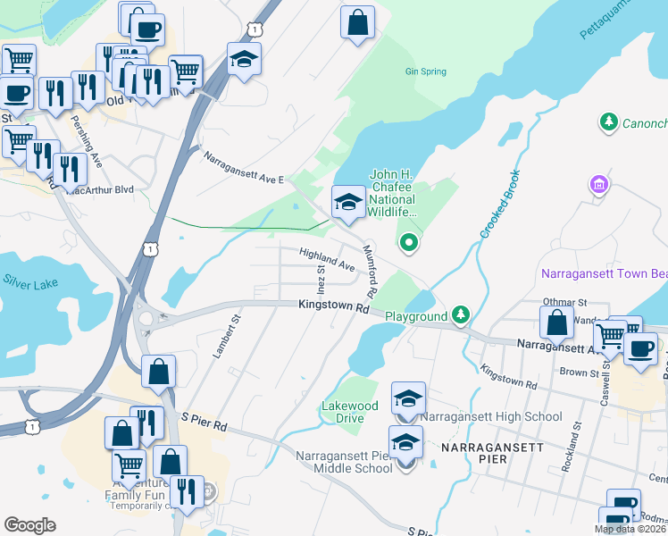 map of restaurants, bars, coffee shops, grocery stores, and more near 24 Highland Avenue in Narragansett