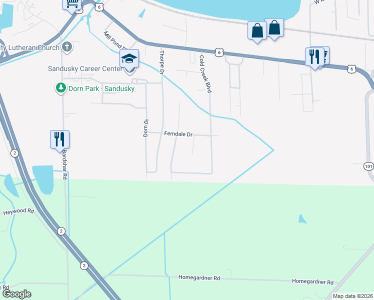 map of restaurants, bars, coffee shops, grocery stores, and more near 814 South Meadow Drive in Sandusky