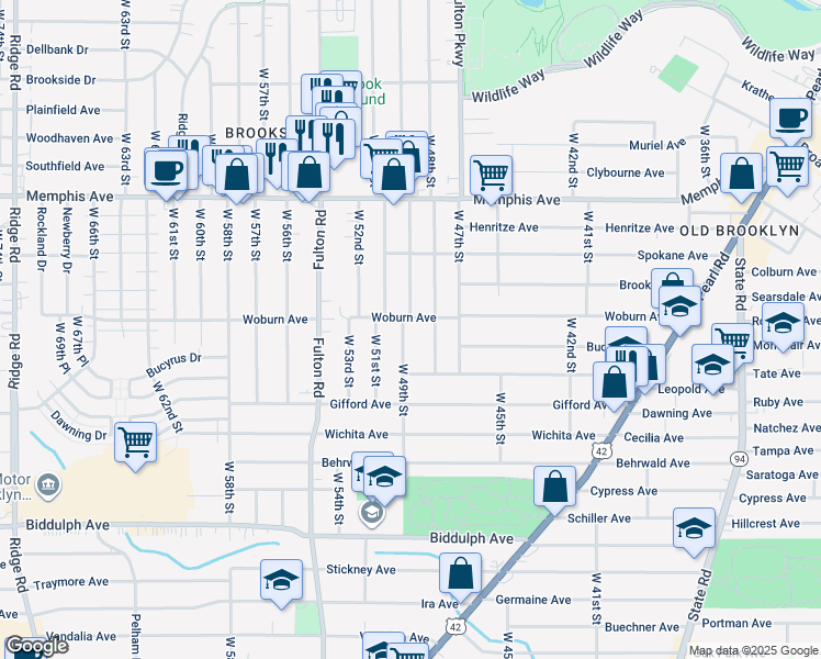map of restaurants, bars, coffee shops, grocery stores, and more near 4421 West 49th Street in Cleveland