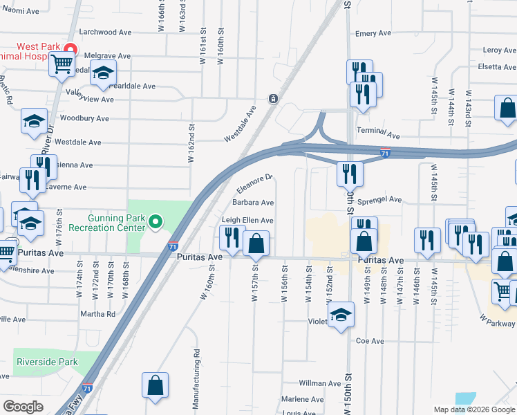 map of restaurants, bars, coffee shops, grocery stores, and more near 15627 Barbara Avenue in Cleveland
