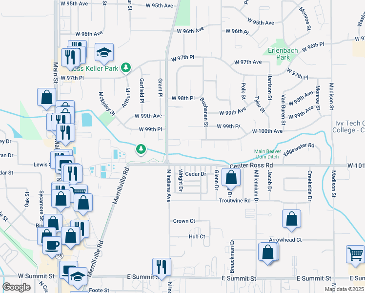 map of restaurants, bars, coffee shops, grocery stores, and more near 10009 Merrillville Road in Crown Point