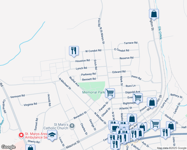 map of restaurants, bars, coffee shops, grocery stores, and more near 123 Parkway Road in Saint Marys